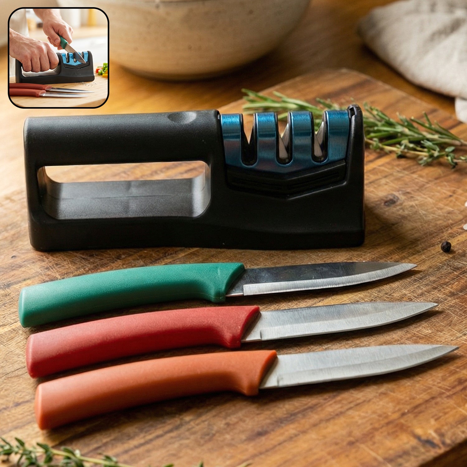 Multipurpose Kitchen Knife Set With Knife Sharpener (3 Pc Knife With Sharpener)