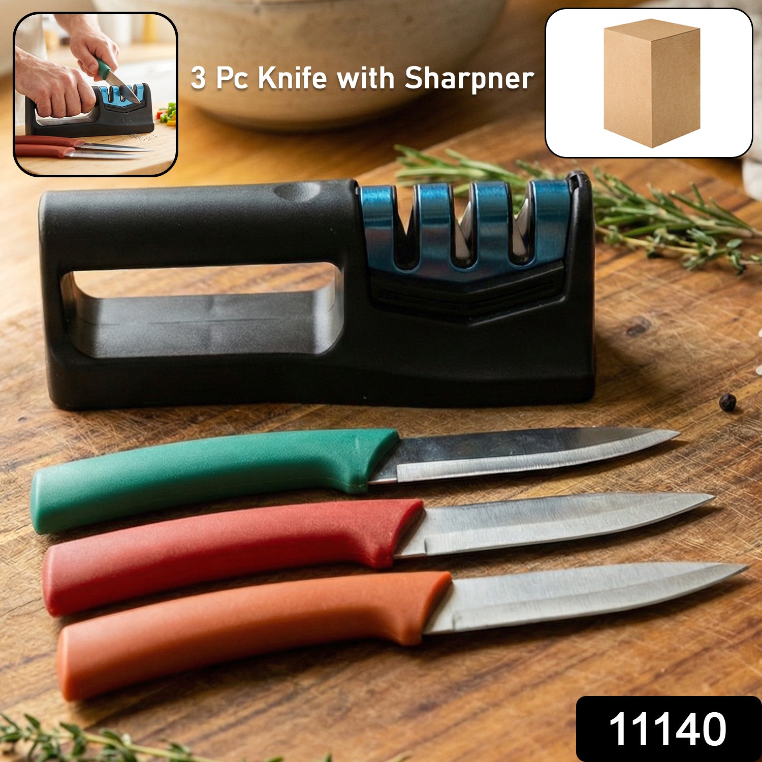 Multipurpose Kitchen Knife Set With Knife Sharpener (3 Pc Knife With Sharpener)